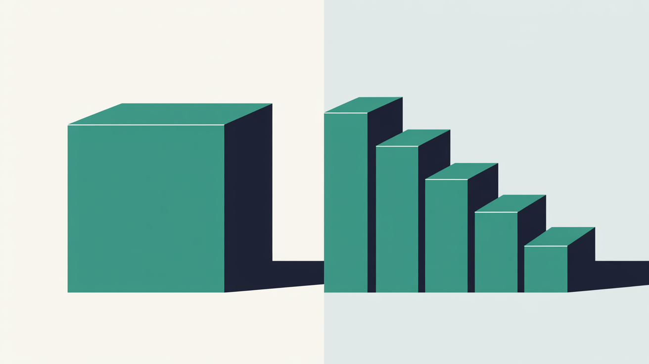 Flat illustration split into two zones, one solid teal block and one descending set of stepped blocks, on a warm grey background