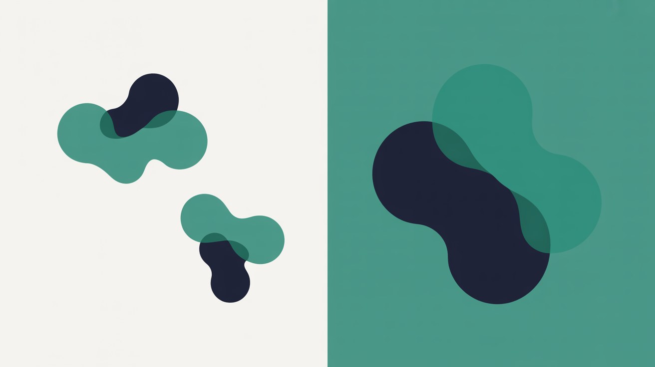 Split-panel flat illustration with two small scattered teal shapes on a pale panel and one large connected teal and navy form on a teal panel