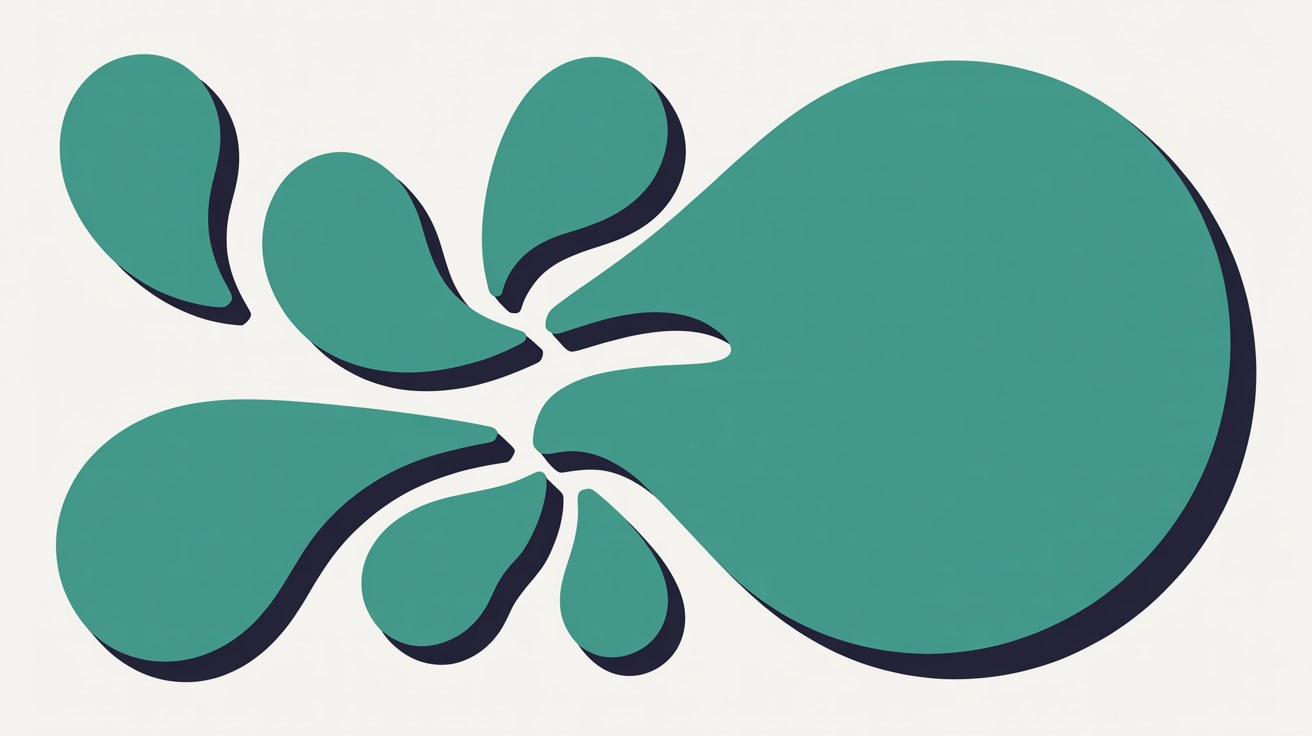Abstract flat illustration of several small teal droplet shapes converging into one large rounded teal form on a warm grey background