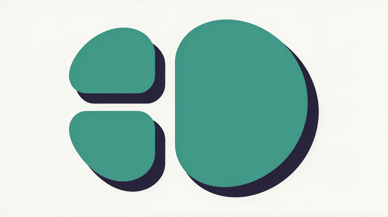 Flat abstract illustration of two small teal shapes on the left and one much larger teal shape on the right, separated by a gap, on a warm grey background