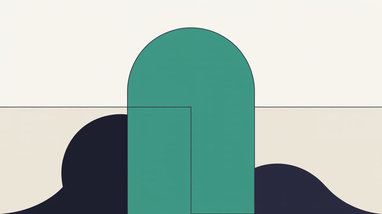 Tall teal arch-topped column standing on a warm stone field, with one faint internal outline dividing it rather than breaking it into separate pieces