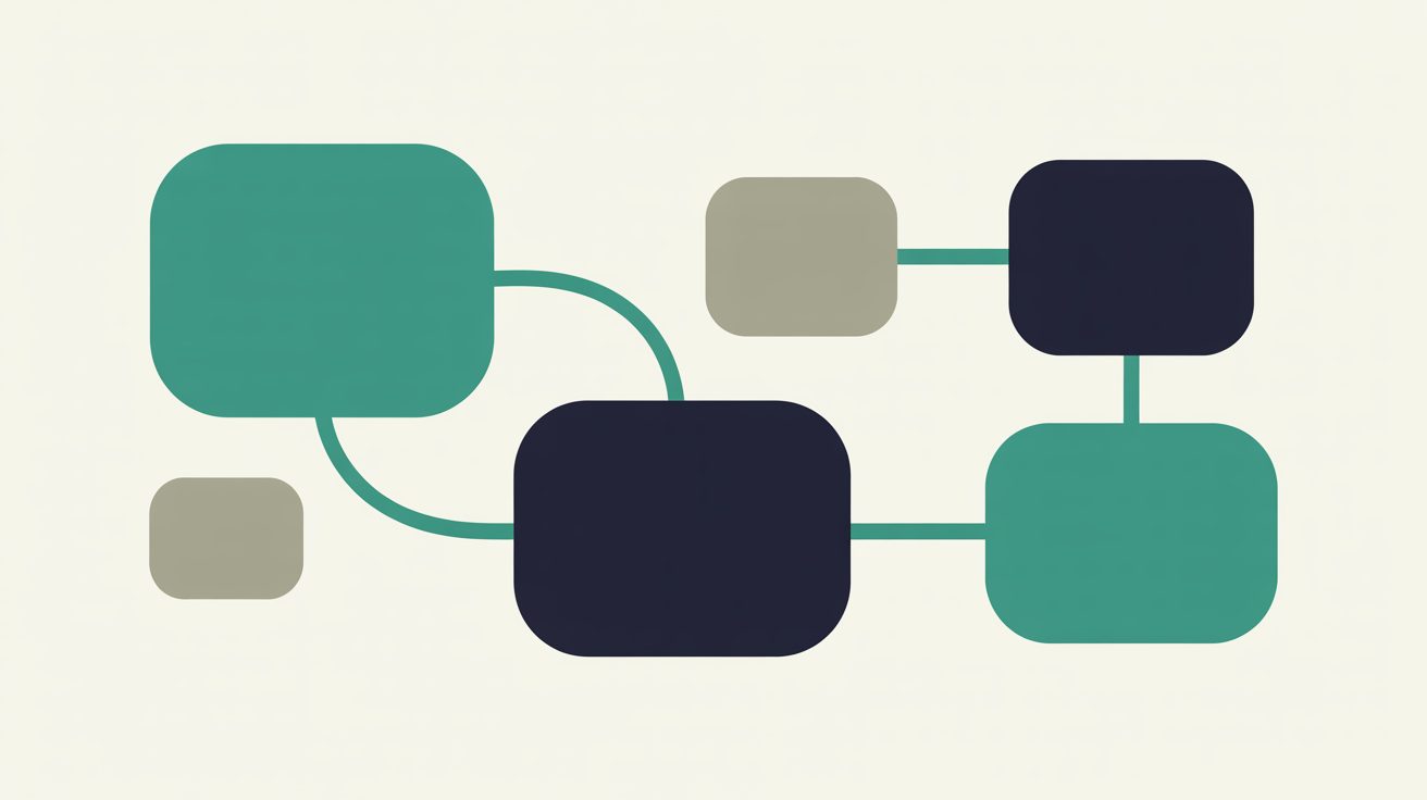 Six separate rounded blocks of varying size in teal, navy and stone on a warm off-white field, joined to each other by thin teal connecting lines