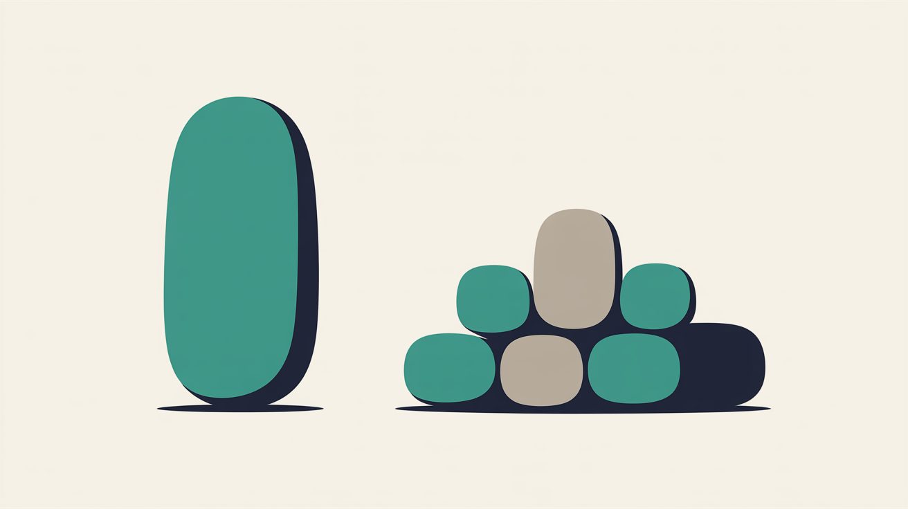 Flat illustration of one tall teal column standing alone beside a group of several smaller separate blocks on a warm off-white field
