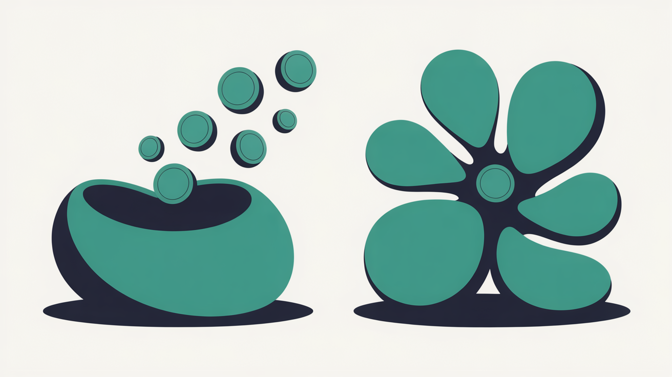 Abstract flat illustration of small enquiry shapes drifting away from a closed shape and toward an open connected one, in teal and warm grey