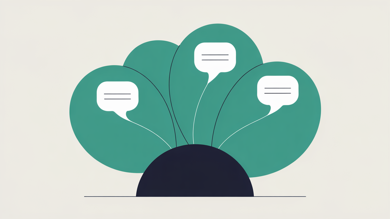 Flat abstract illustration of booking enquiries as small shapes flowing inward toward a single rounded hub, in teal and warm grey on an off-white background