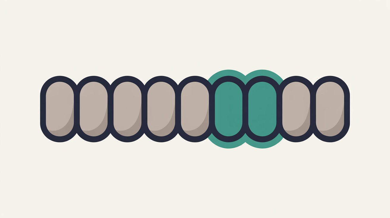 Flat illustration of a row of rounded slots in warm grey, two of them filled in teal and standing out from the rest
