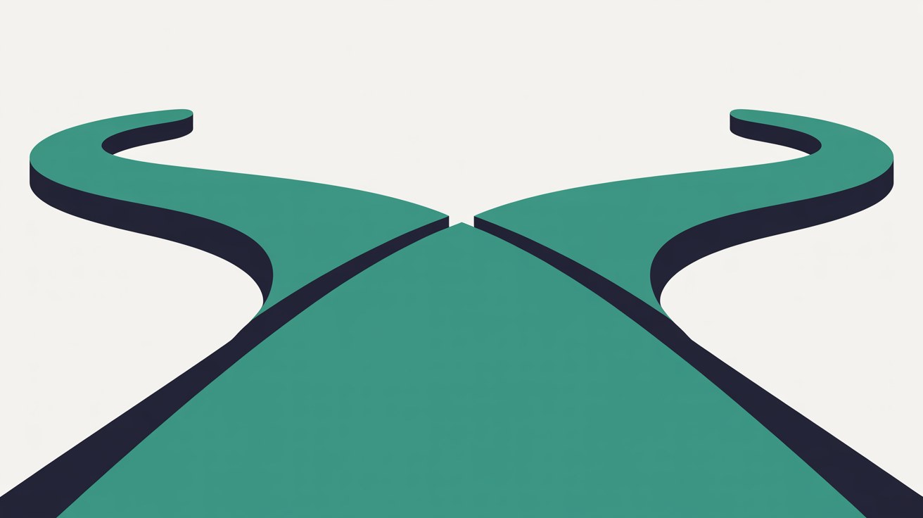 Flat illustration of a wide teal path splitting into two branches that curve away in opposite directions