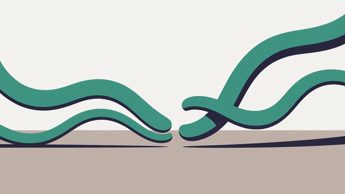 Flat illustration of two teal ribbons running across a warm grey ground, separated by a clean gap in the middle before the path continues