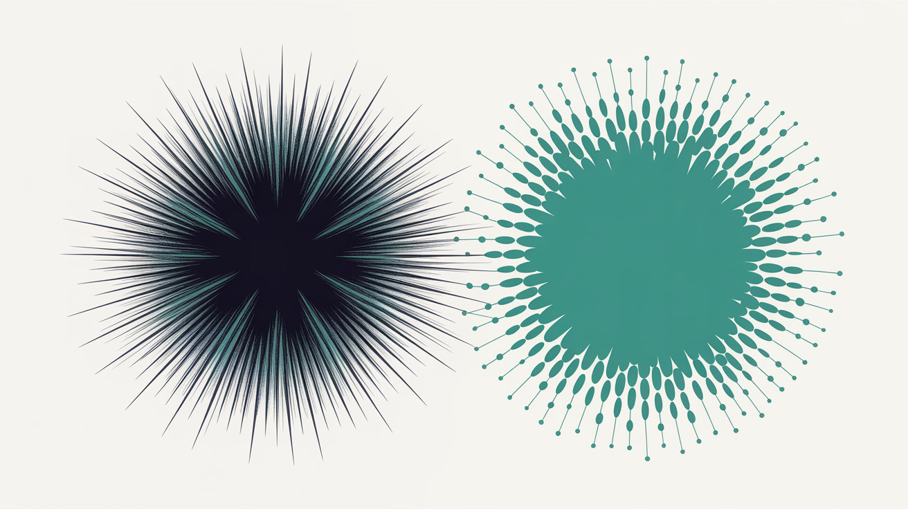 Two contrasting abstract zones side by side, one a dense ordered grid representing controlled lab conditions, the other a dispersed teal cloud representing distributed real-world users