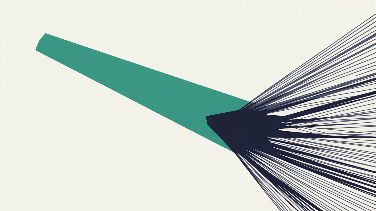 Flat abstract illustration of a single broad teal wedge diverging from a fan of fine navy lines on a warm off-white background