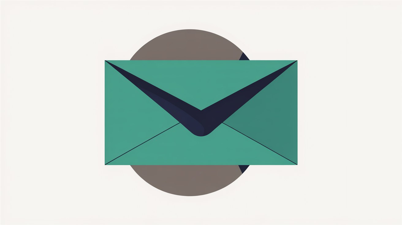 Flat illustration of a teal envelope shape overlapping a solid grey circle on a warm off-white background