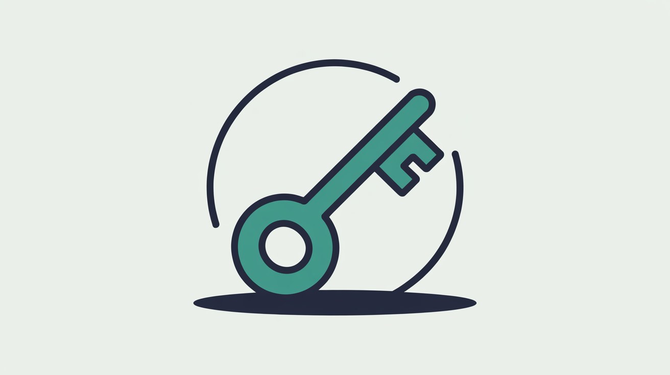 A single teal key shape resting inside an outlined circular boundary on a warm grey field