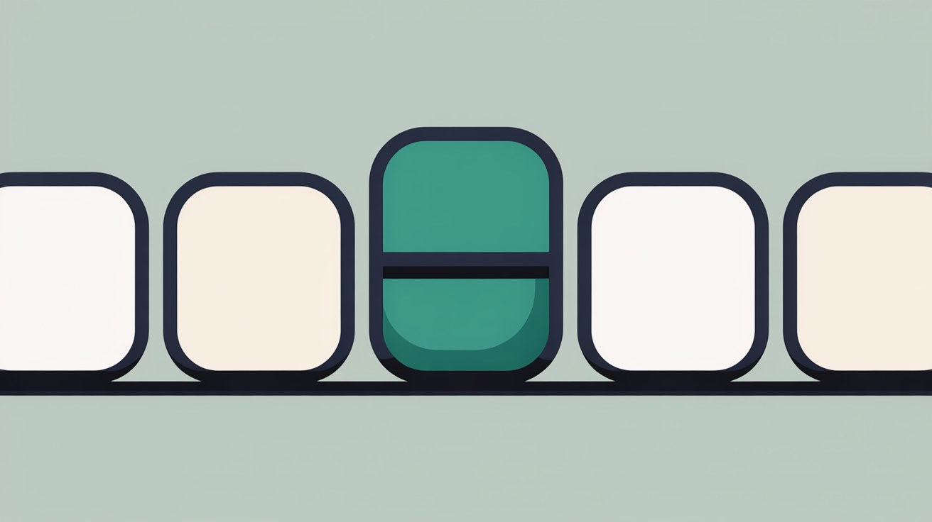 Flat illustration of a single closed shape sealed shut among a row of open shapes, teal on warm grey