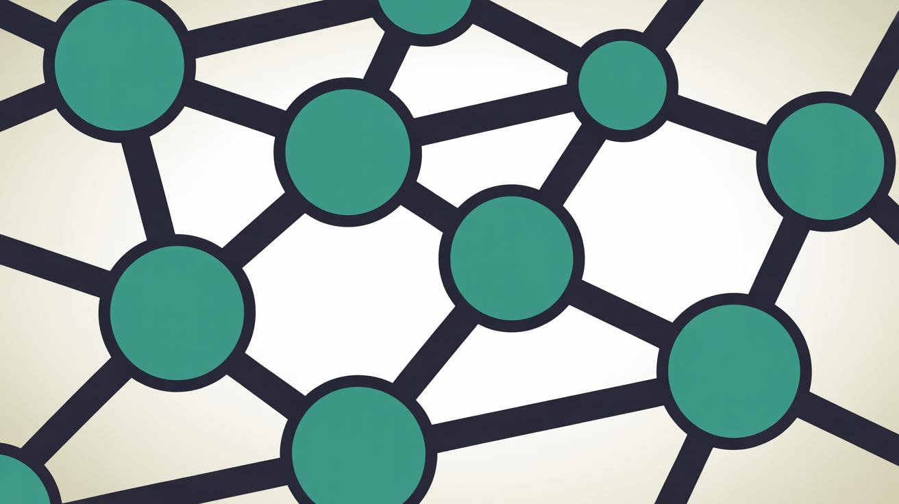 Abstract network of teal security nodes connected by lines forming a protective pattern