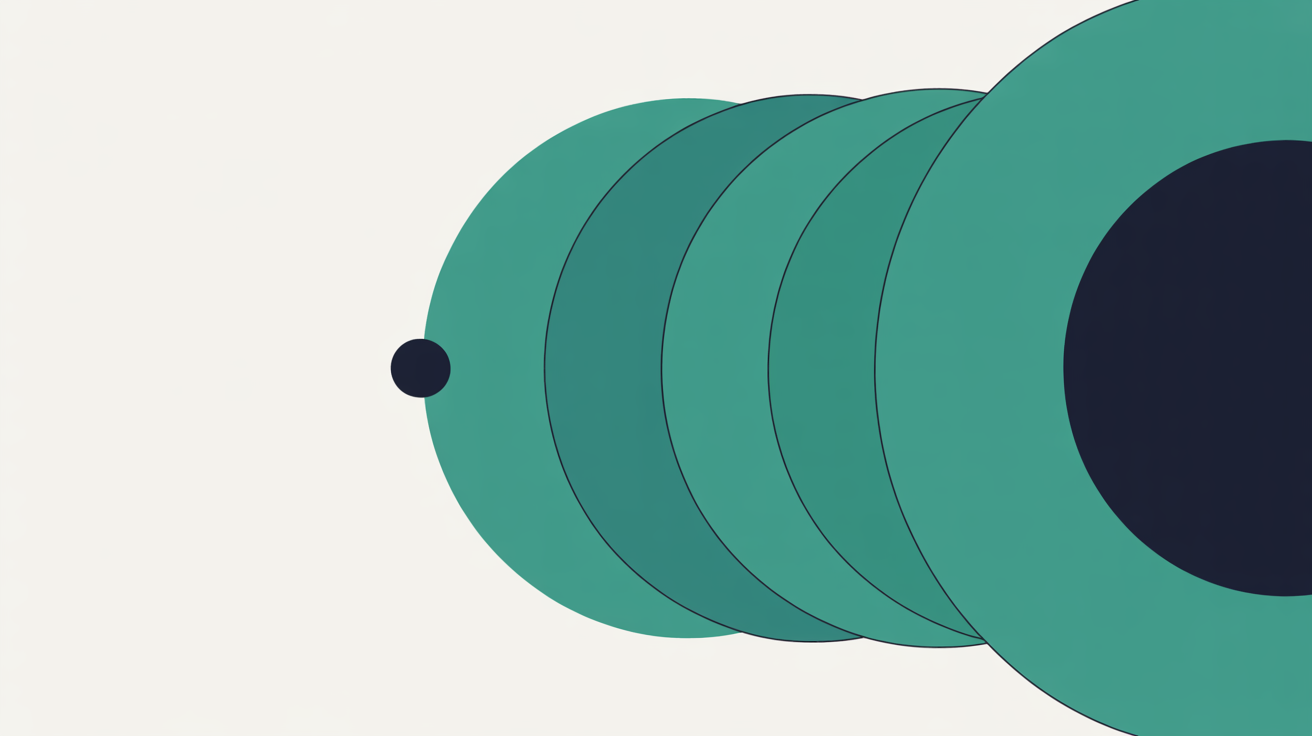 Abstract composition of overlapping teal circles converging on a single point against a warm stone background