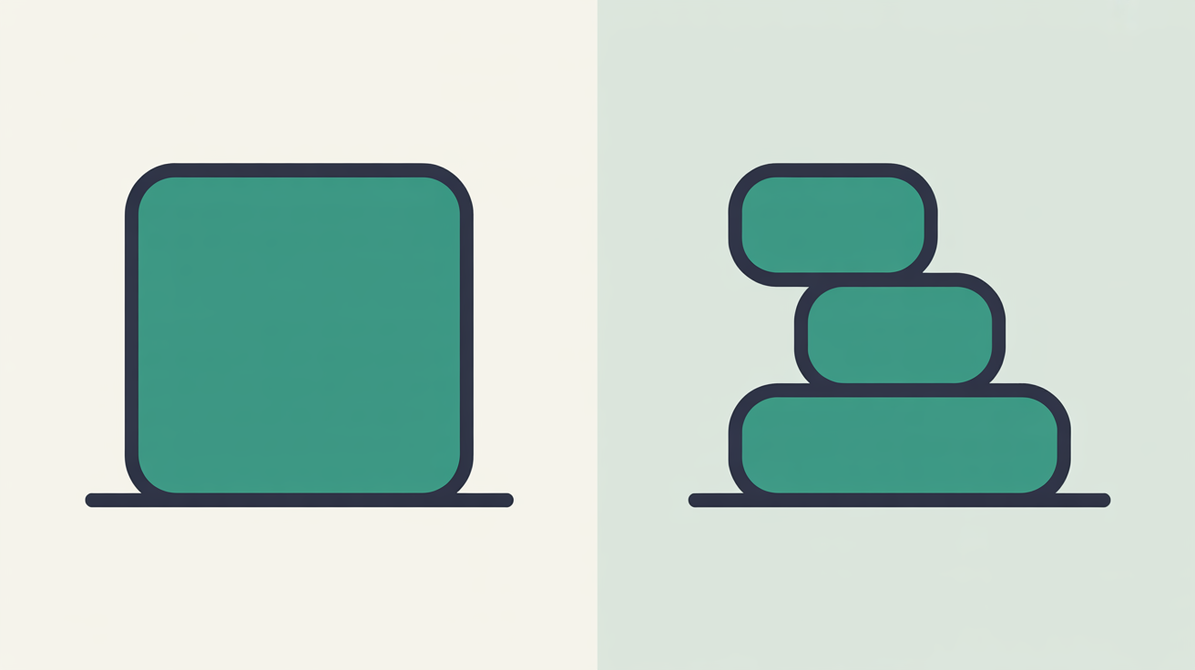 One solid teal block beside the same block split into three stacked segments, divided by a clean vertical line on a warm grey background