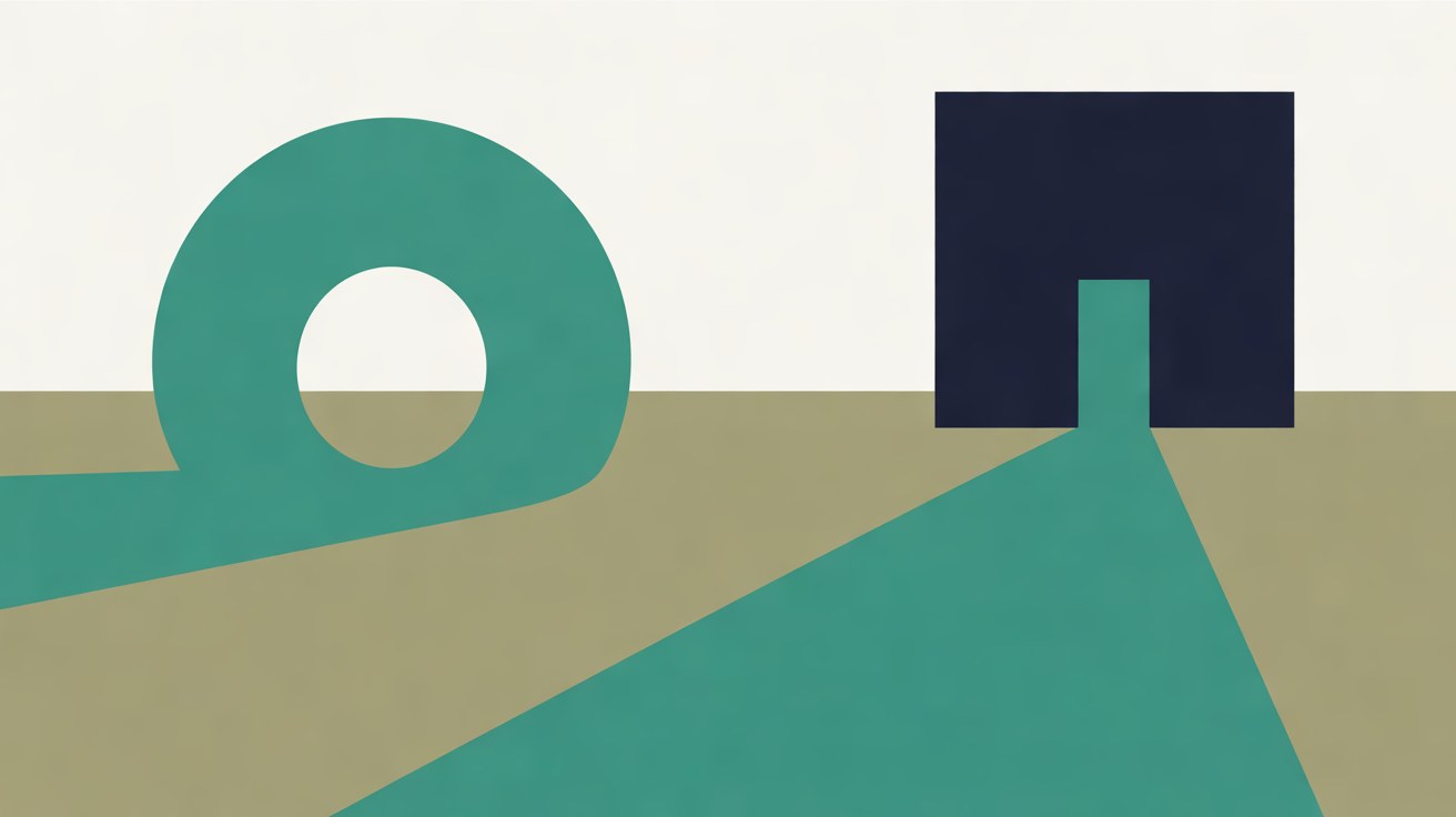 A teal path looping into a circle beside a second teal path running straight to a navy block on a warm grey background