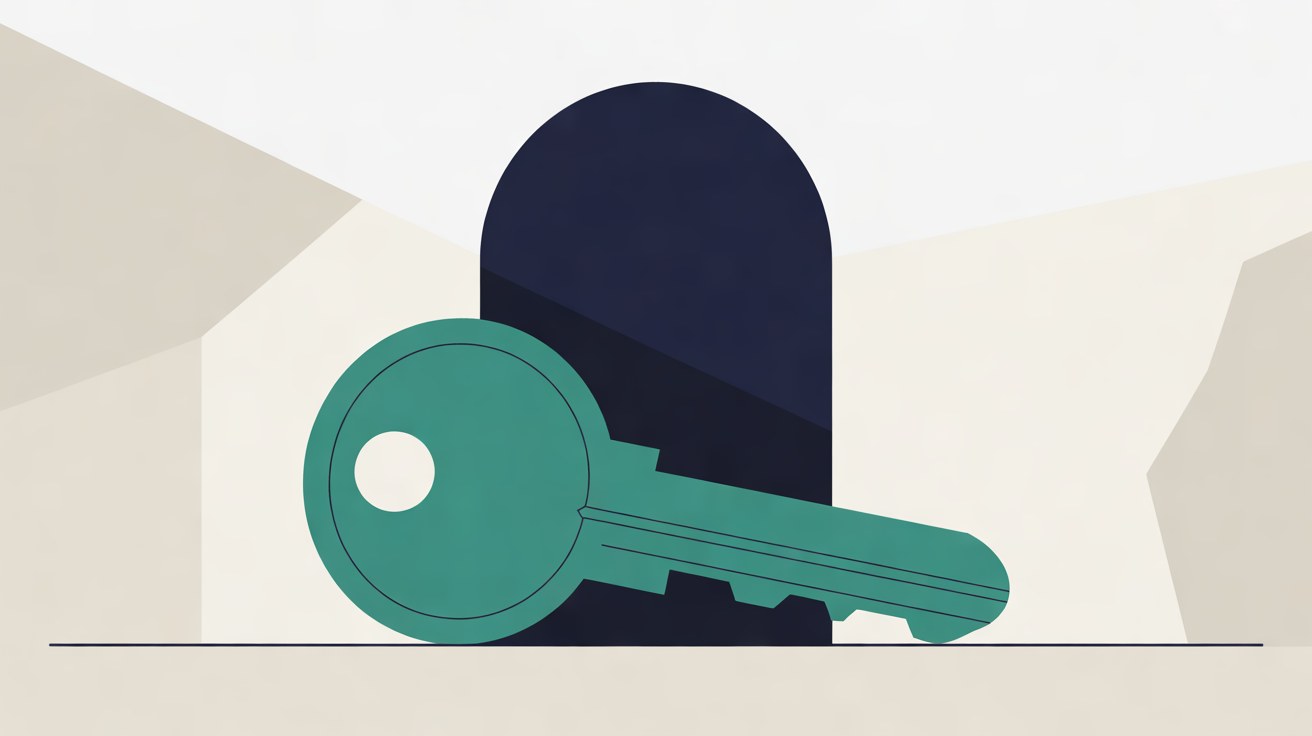 A teal key leaning against an arched navy doorway on a warm stone background
