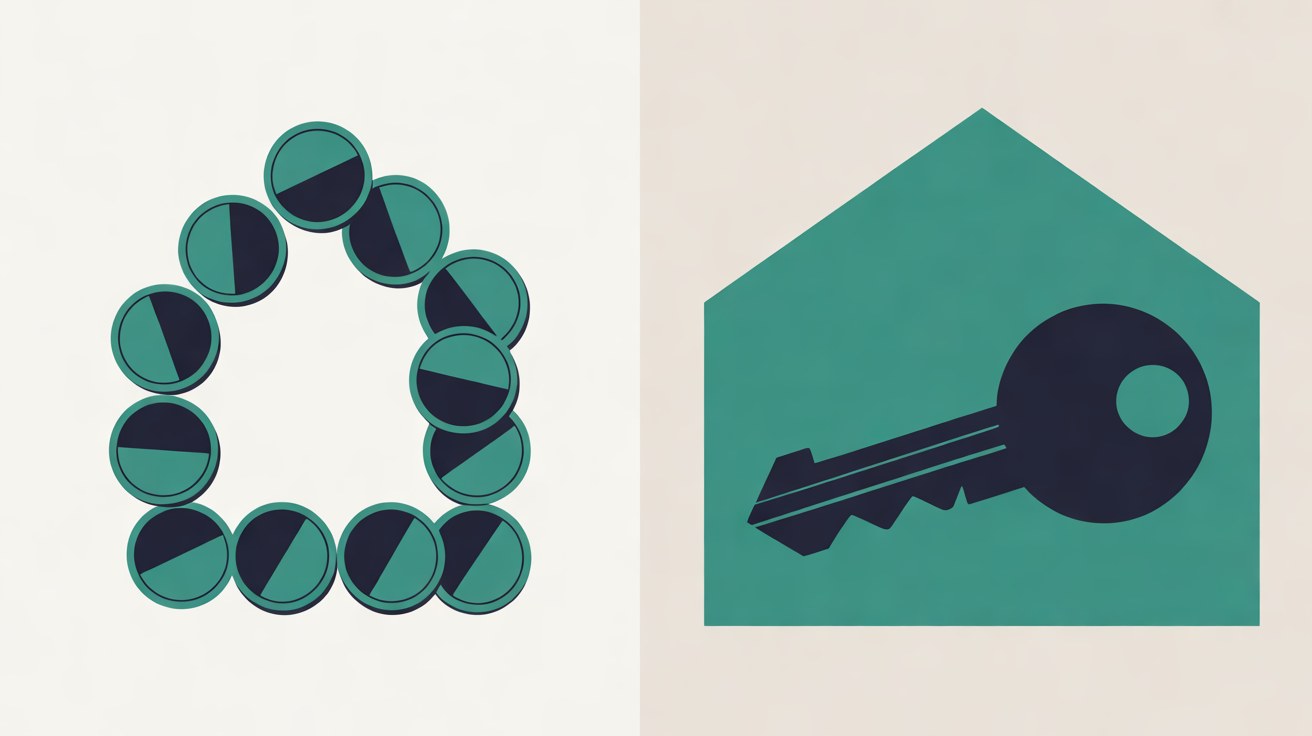 Flat illustration of a house outline made of teal coins beside a solid teal house holding a navy key