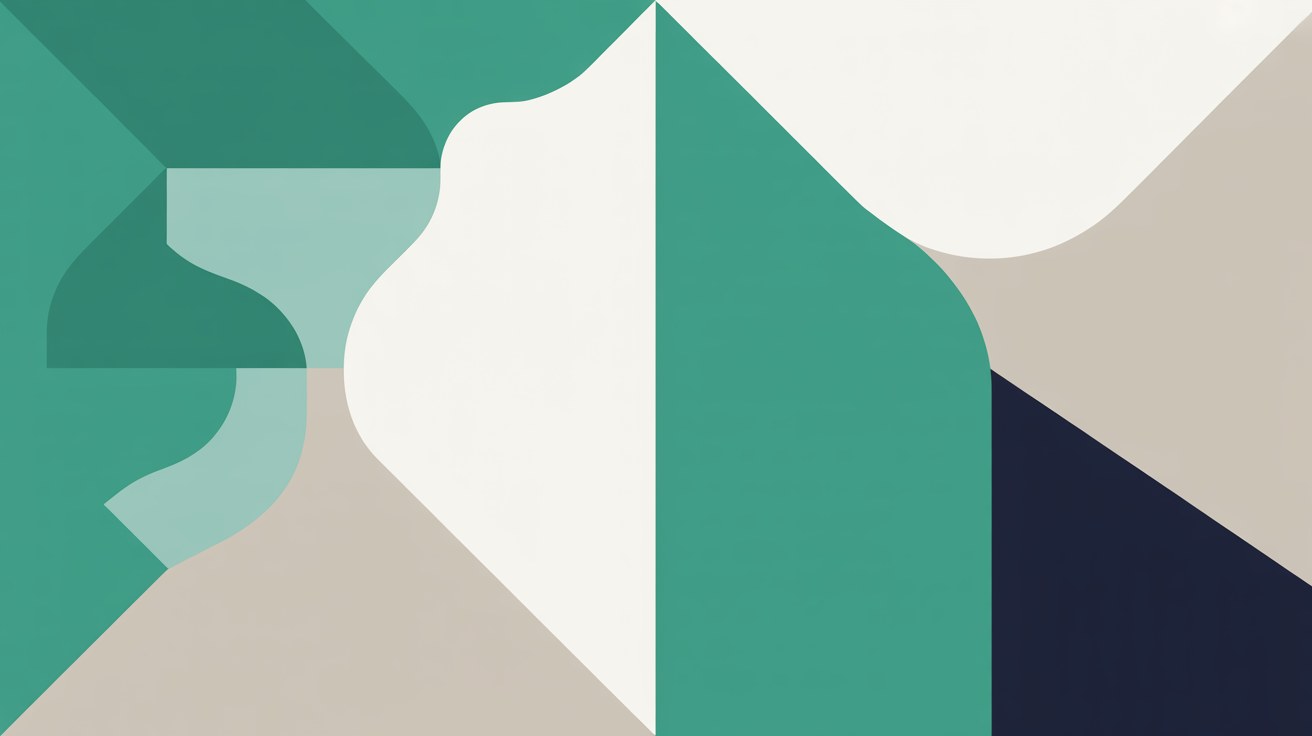 Flat abstract composition split down the middle, teal and stone shapes meeting a soft white form