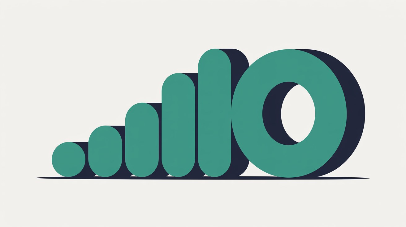 Flat illustration of rounded teal bars rising in a stepped sequence beside an open navy and teal ring