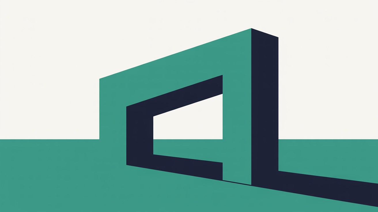 Flat geometric illustration of an open teal and navy threshold form on a warm stone grey background
