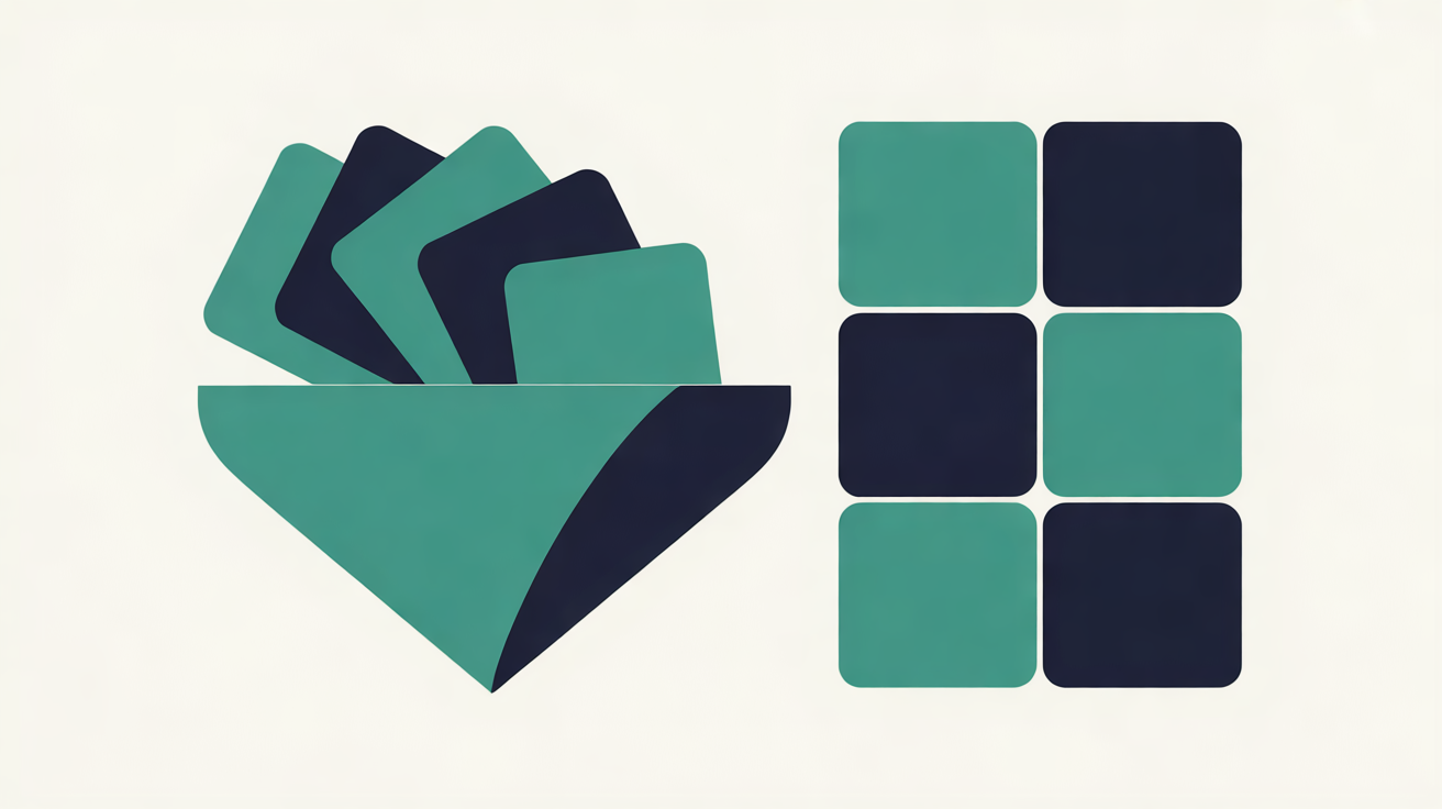 Flat illustration of loose photo tiles passing through a funnel into a tidy grid, teal and navy shapes on off-white
