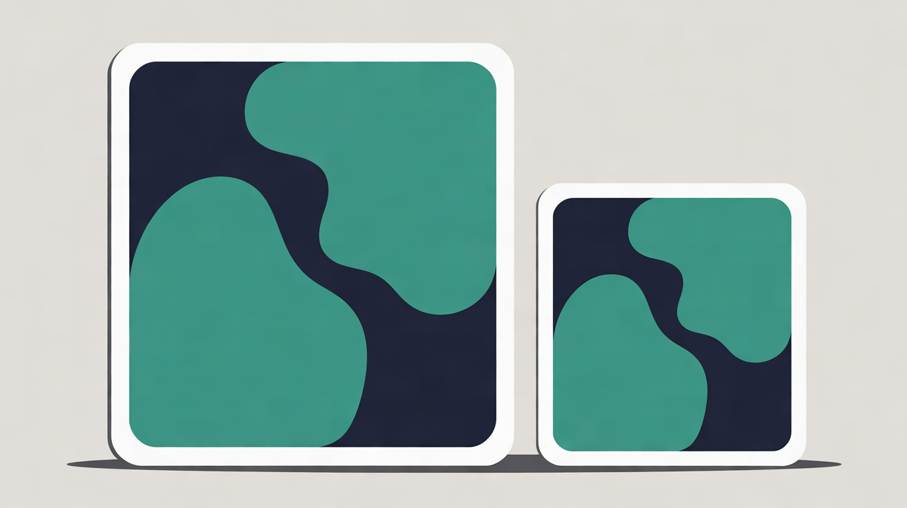 Flat illustration of a large picture tile being reduced to a smaller matching tile, teal shapes on warm grey