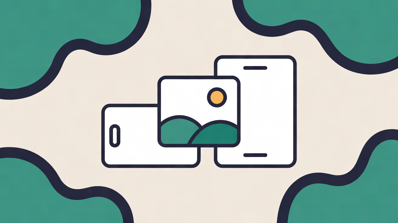Flat illustration of a picture tile with a sun and green hills passing between two phone-shaped outlines, teal and navy on warm grey