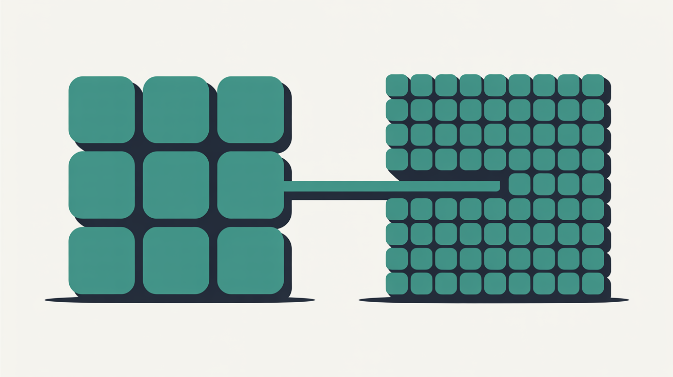 Two abstract square grid patterns side by side, one coarse and one dense, linked by a single teal line on a warm grey background