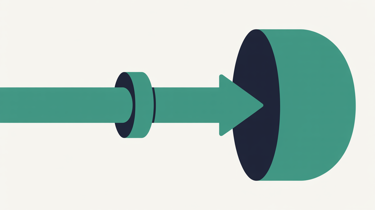 A thick teal arrow passing through a narrow dark navy ring before it can reach a large rounded destination shape on a warm grey background