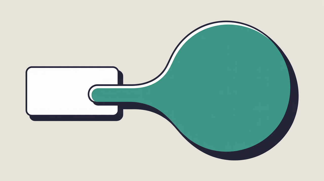 A small white rounded rectangle joined by one unbroken thick teal line to a large teal circle on a warm stone grey background