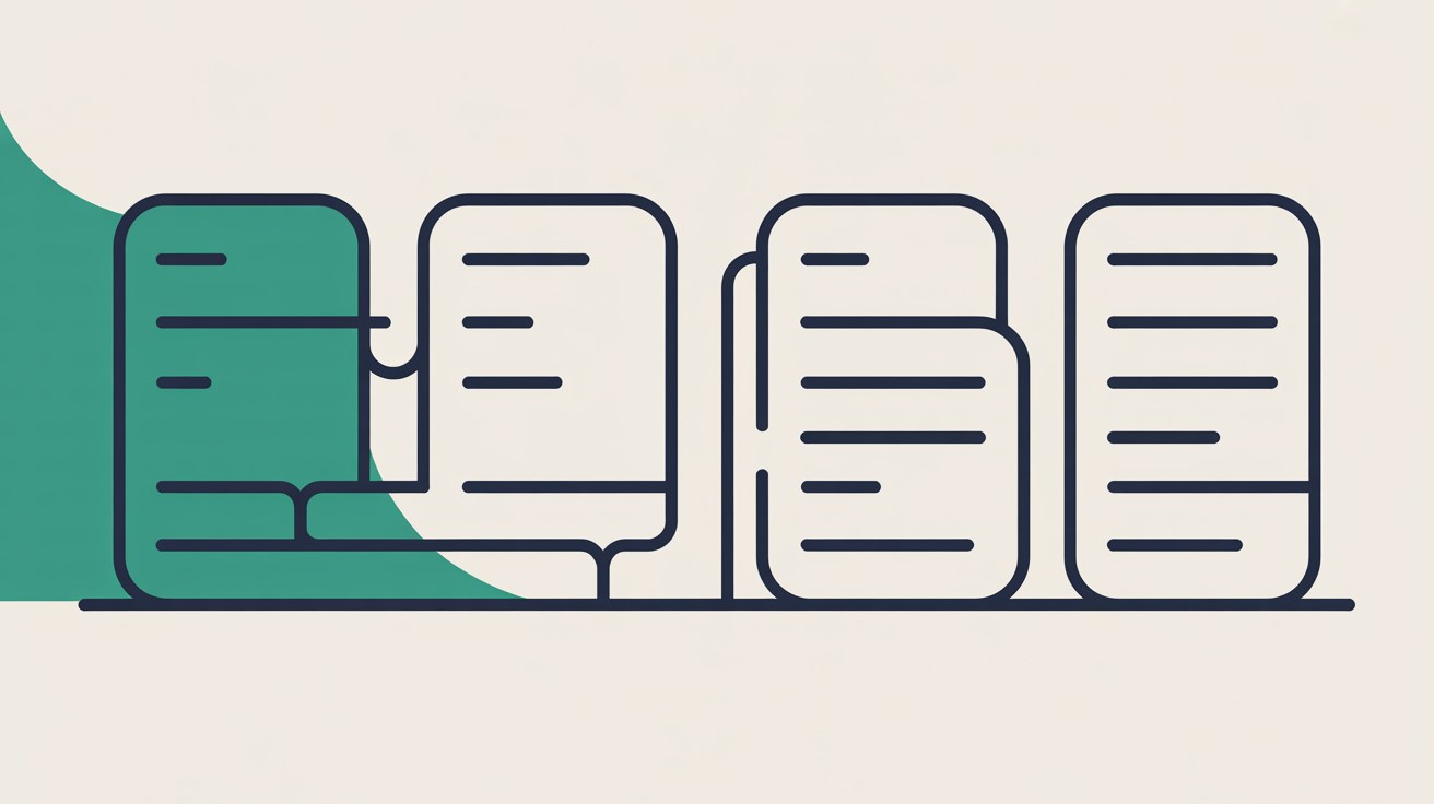 Flat illustration of four stacked rounded record cards in a row, each holding evenly spaced line marks, joined by a thin connector