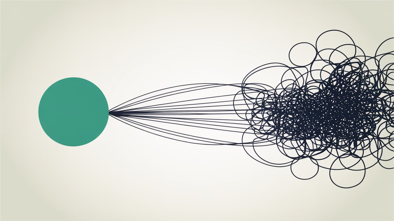 Flat illustration of a solid teal circle with thin lines fanning out to a dense cluster of small outlined circles