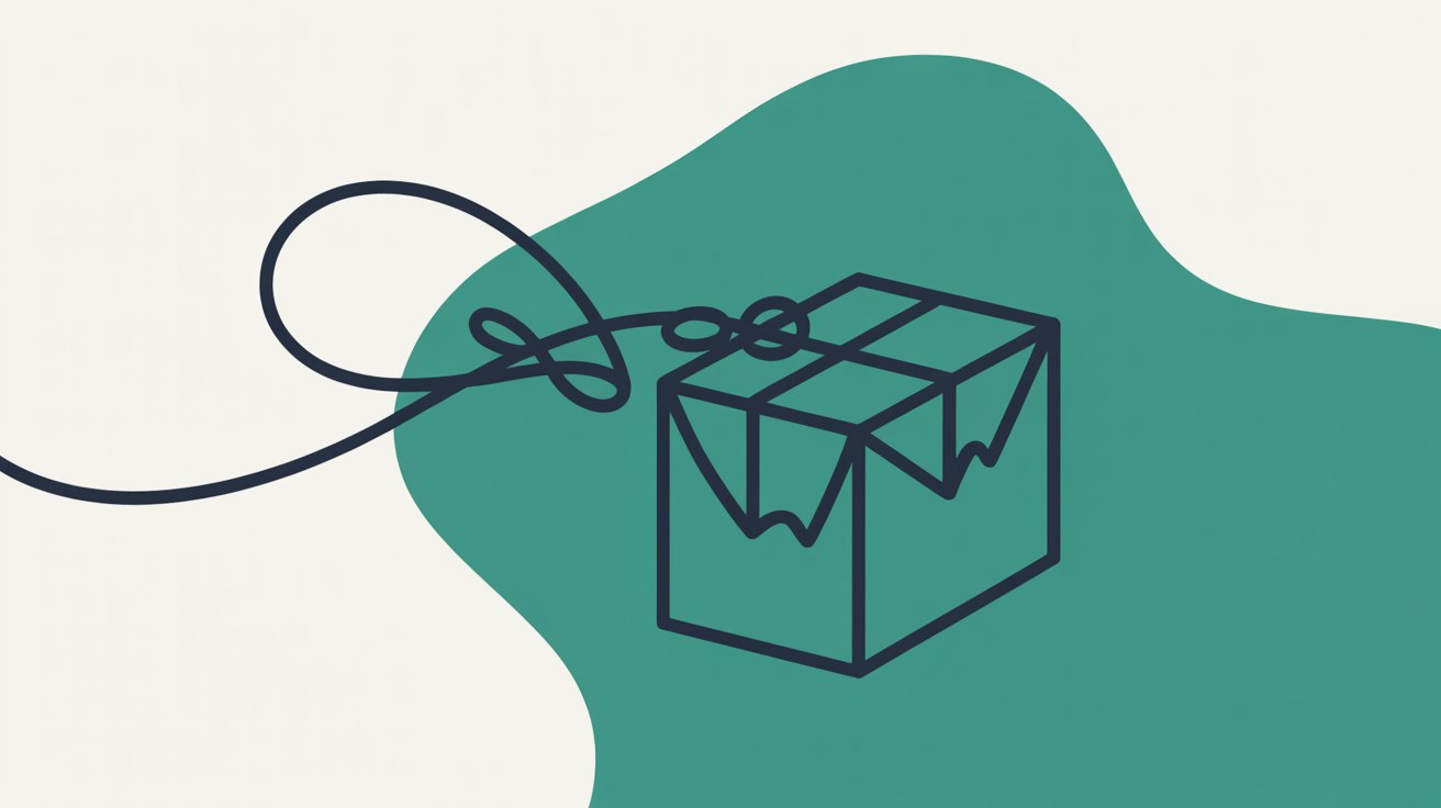 Flat illustration of an outlined cardboard box on a teal background shape with a single thin line looping away from its tied top
