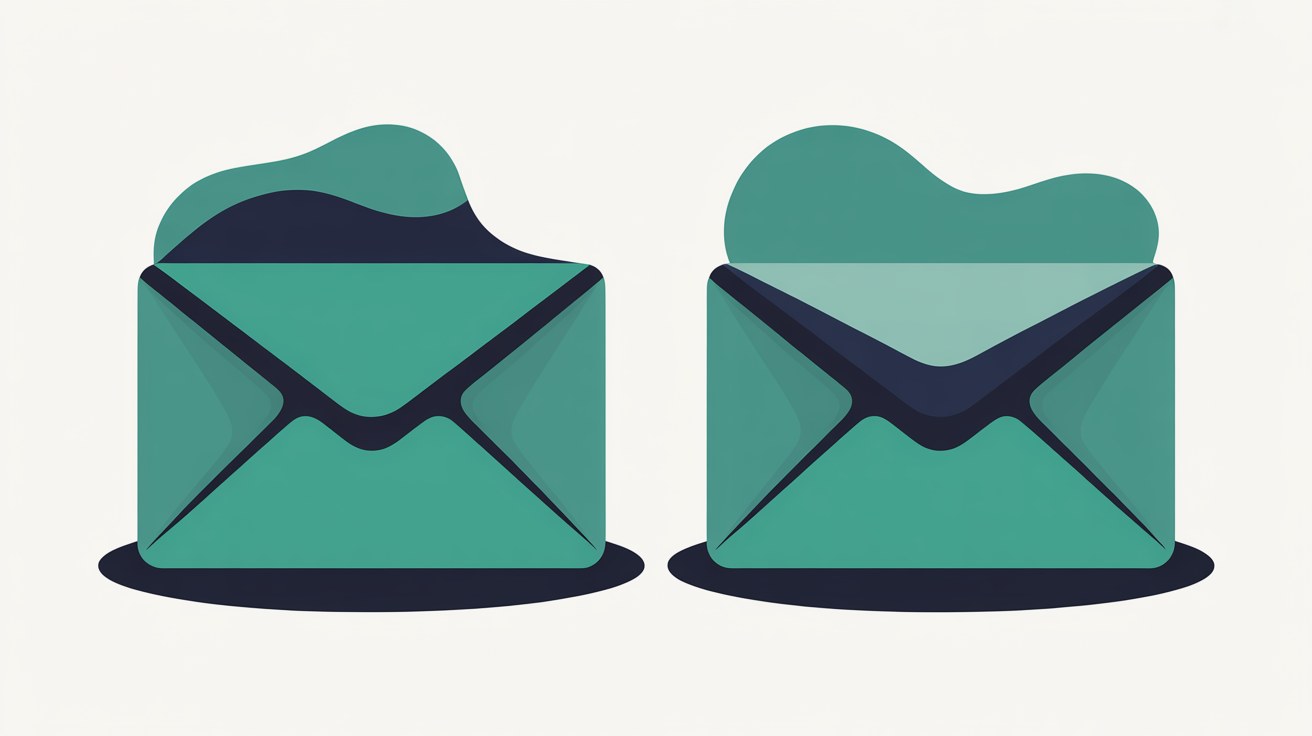 Two abstract envelope shapes, one drifting loosely and one grounded on a solid base, suggesting reliability versus uncertainty
