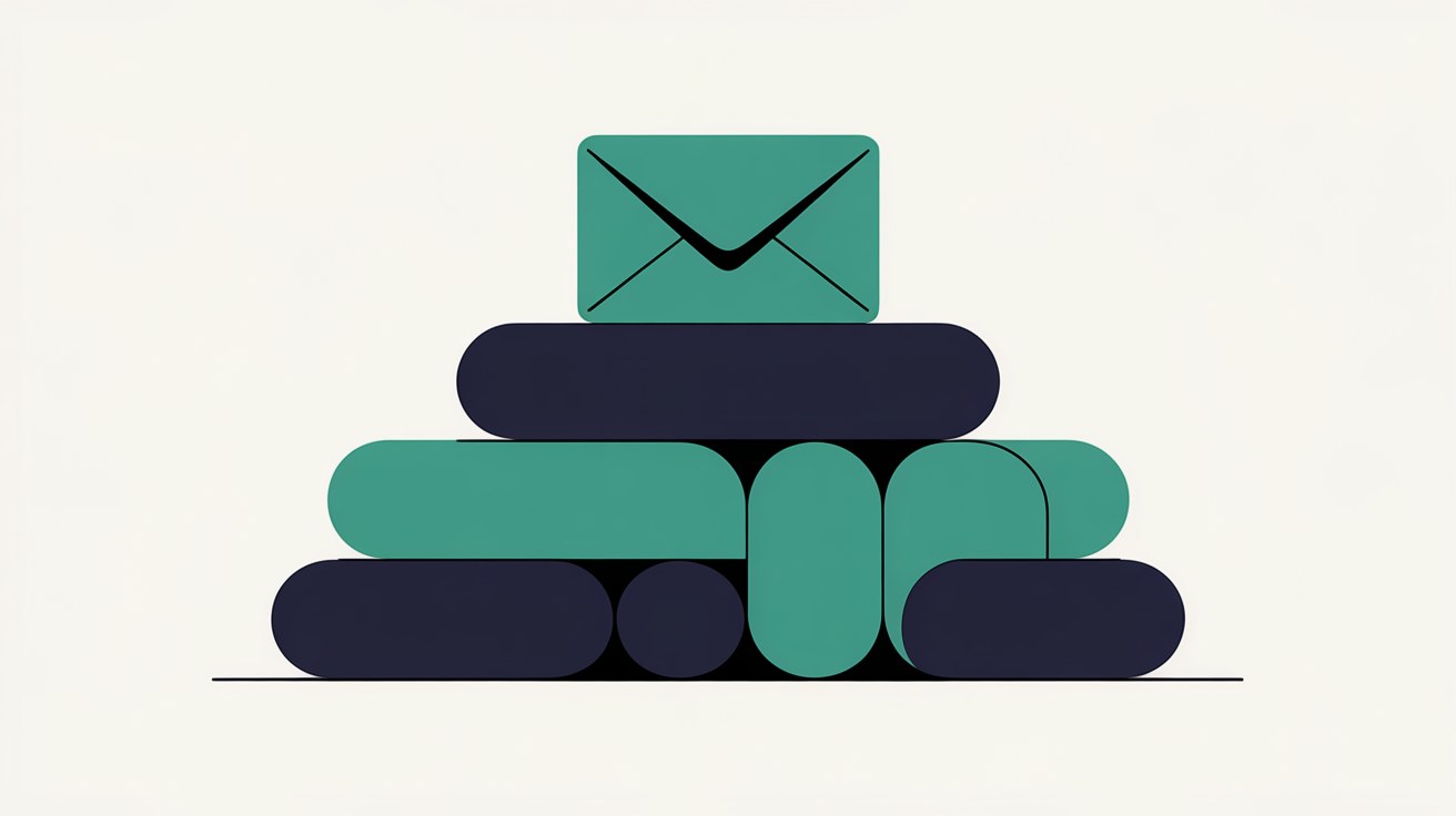 Abstract stacked rounded blocks forming a stable foundation with a small envelope resting on top, suggesting a professional identity built on solid ground