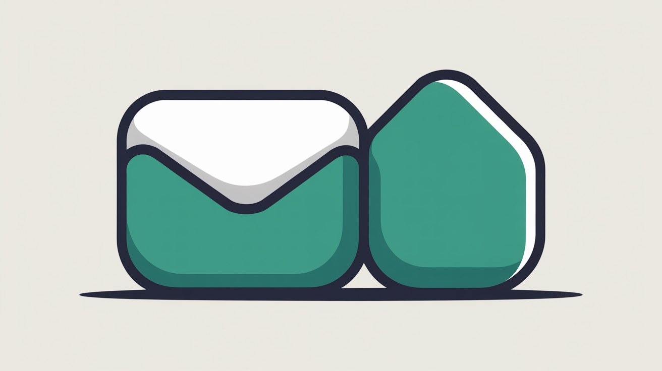 Flat illustration of an envelope shape connected by a clean line to a solid rounded house form, suggesting a business identity with a permanent home