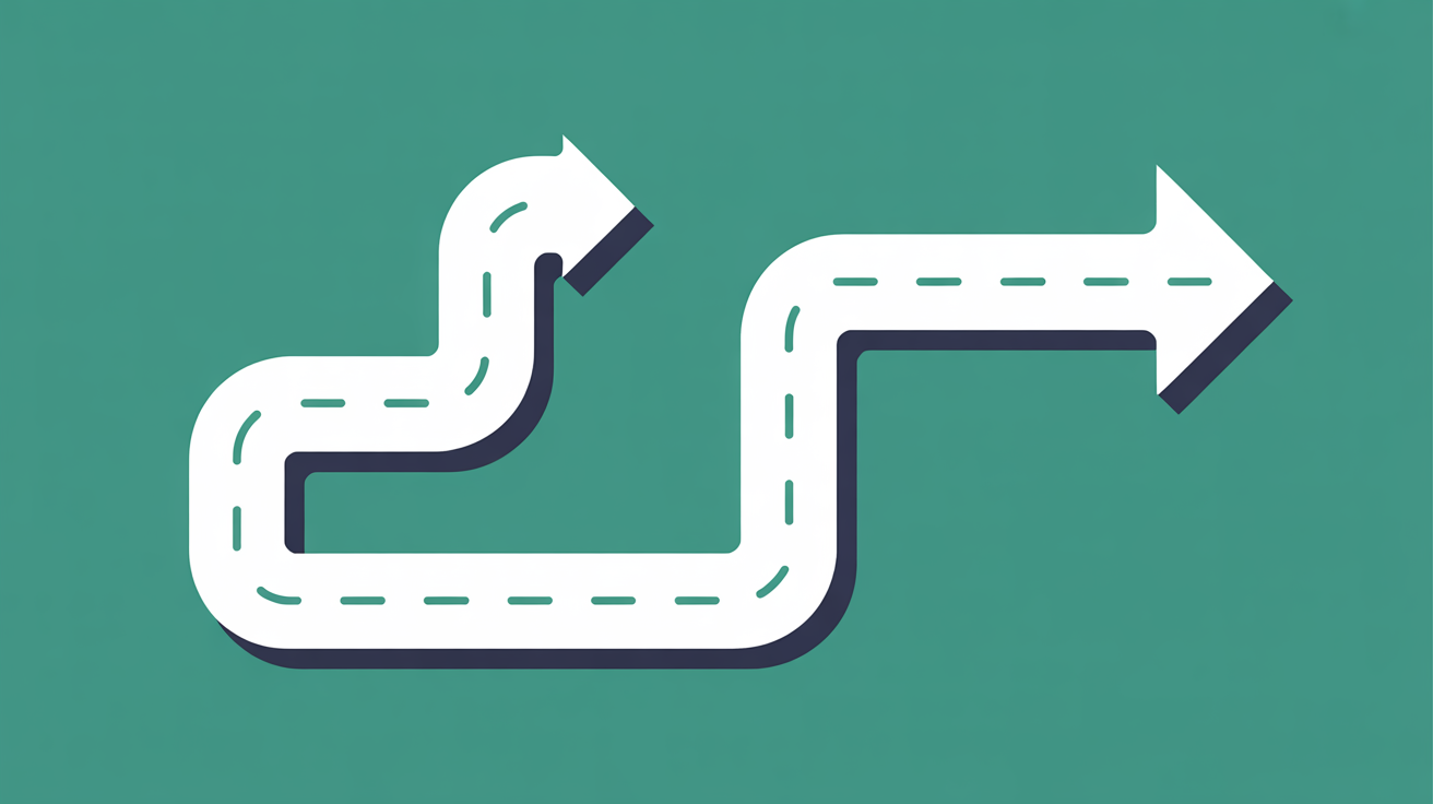 Flat illustration of two geometric paths diverging, one long winding route and one direct path, teal on warm grey