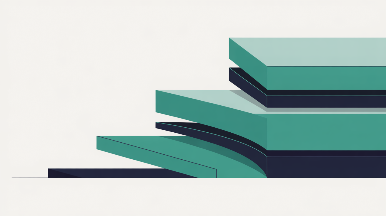 Flat illustration of abstract stacked geometric layers suggesting cumulative value over time, teal accent on warm grey