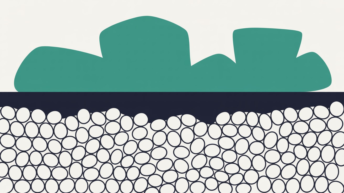 Flat illustration of a dark horizontal band separating a dense mass of small outlined circles below from a few large teal forms above