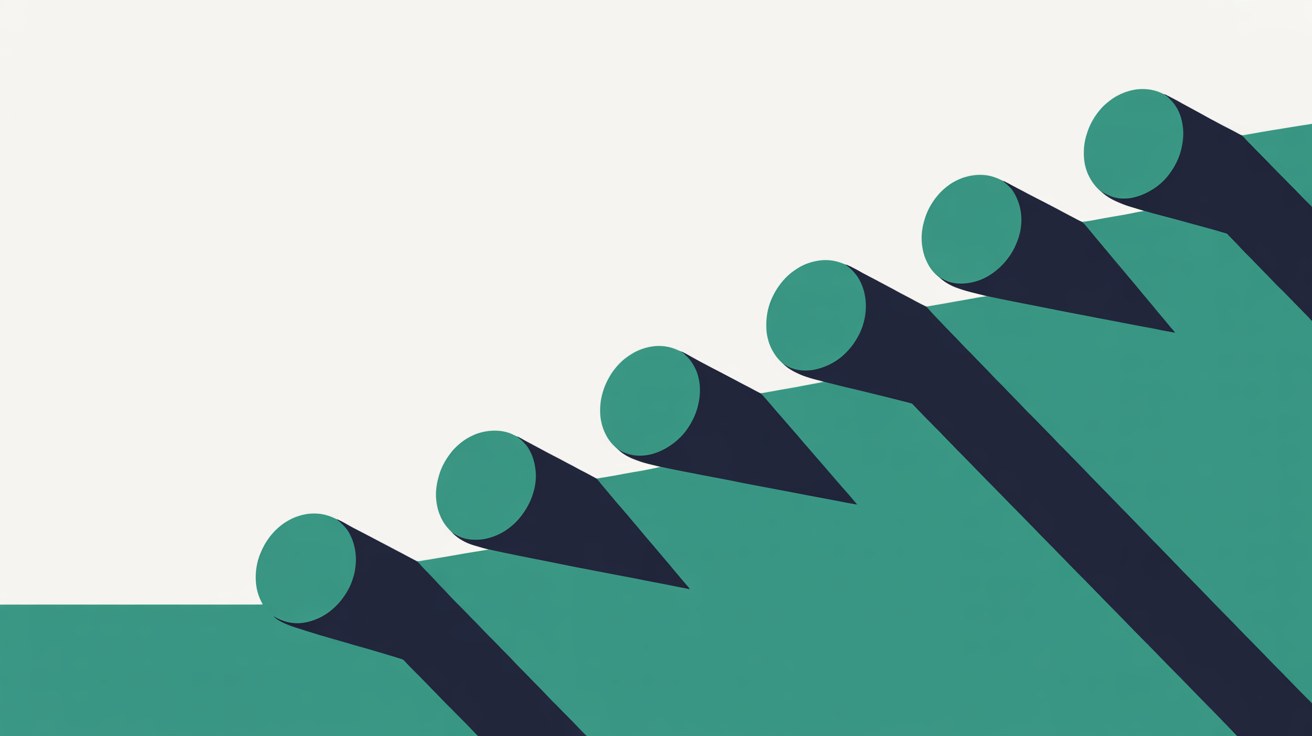 Abstract flat illustration of five teal discs stepping upward in sequence along a diagonal teal slope with long ink shadows