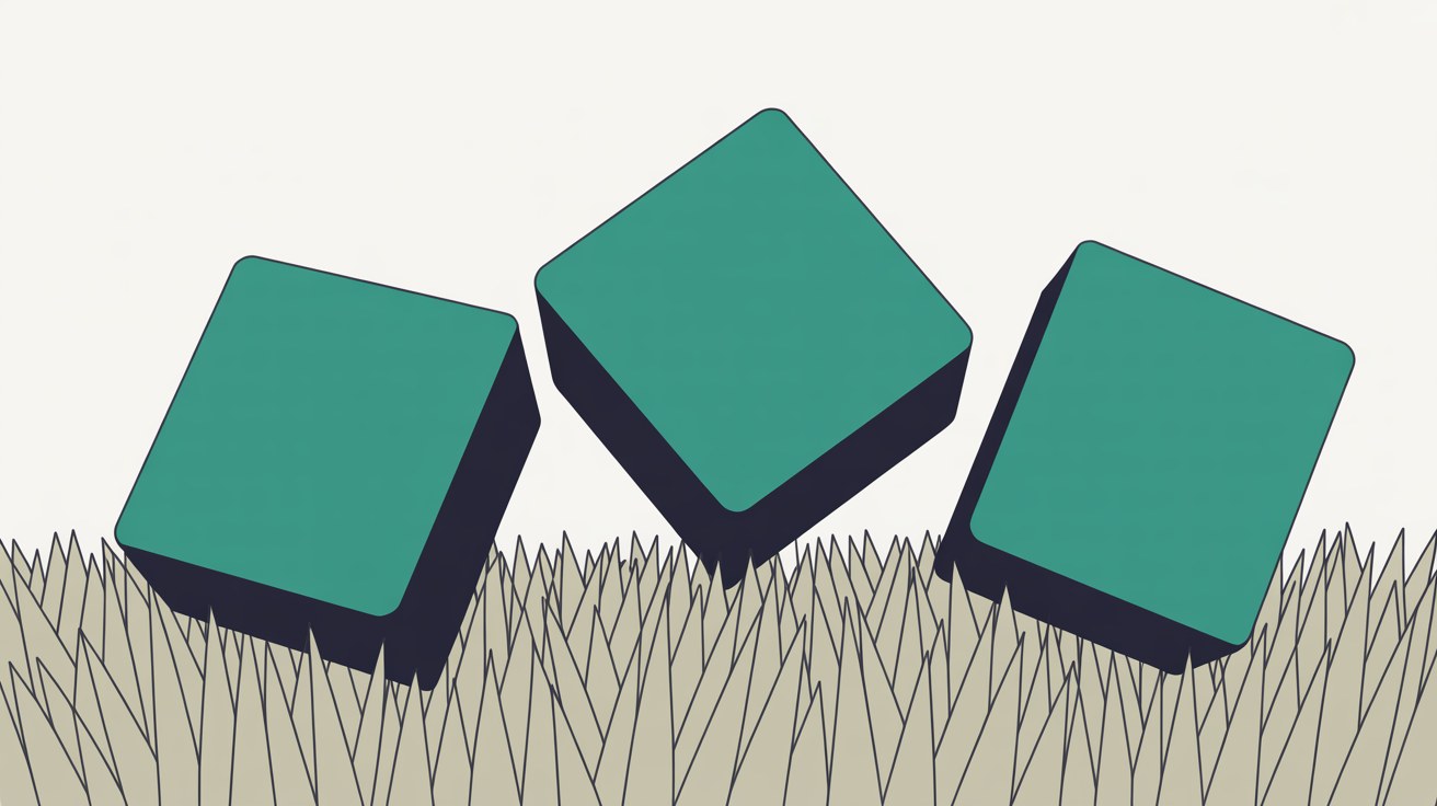 Flat illustration of three solid teal cubes lifted clear above a dense field of thin grey blades on a warm stone background