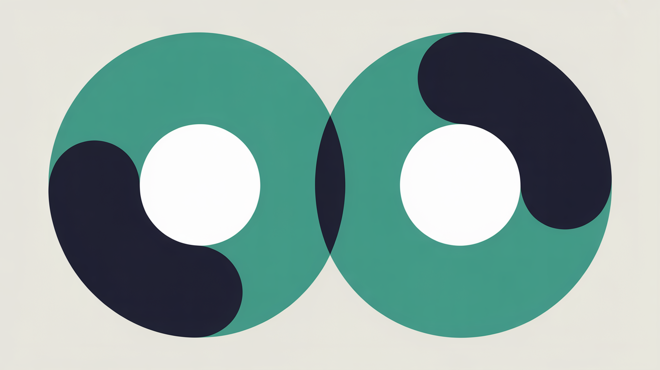 Abstract flat illustration of two diverging cost paths, teal and navy geometric shapes on warm stone grey, one path ascending steeply