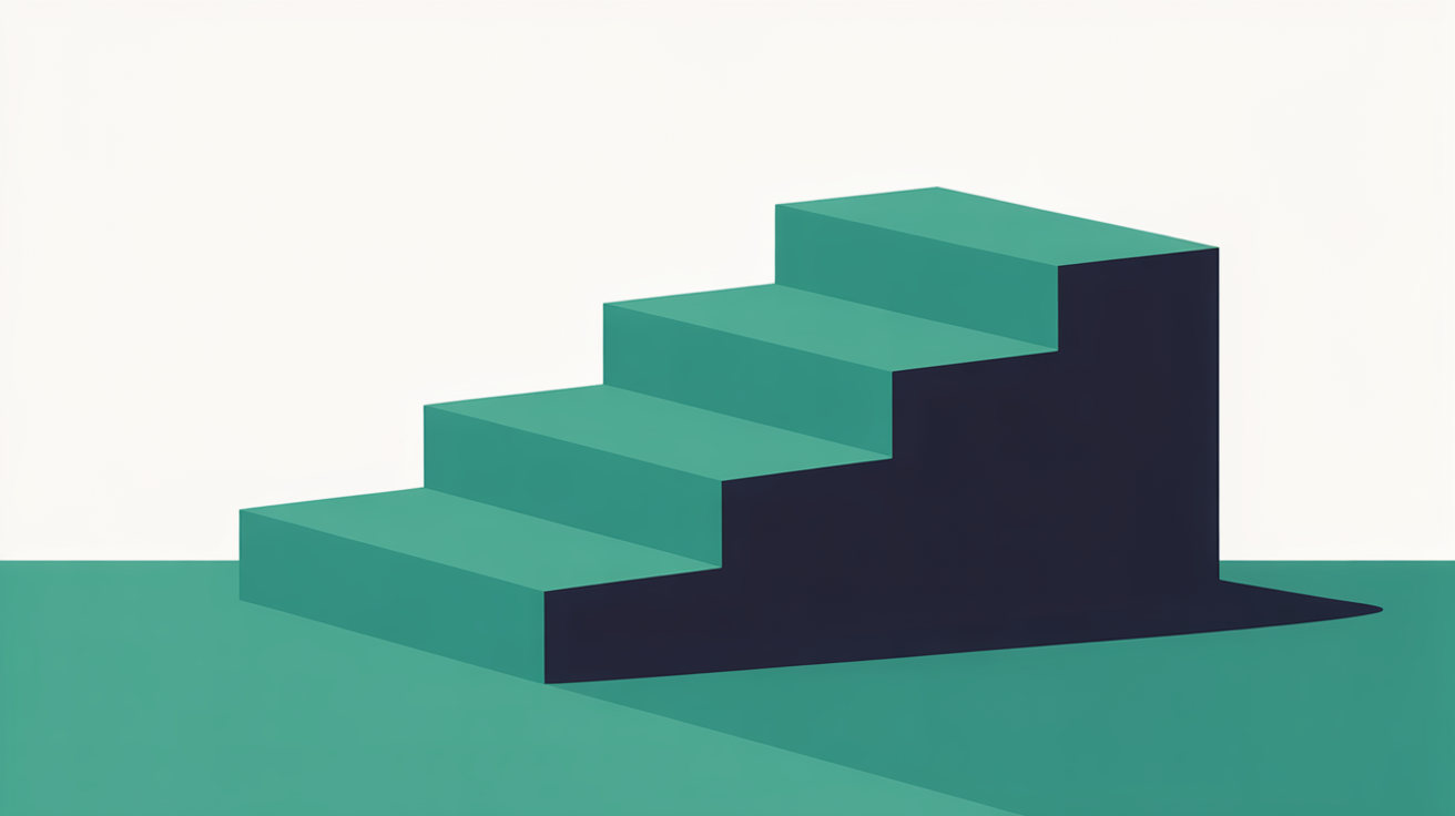Flat abstract illustration of ascending teal steps rising from a simple base on warm stone grey background, suggesting steady upward growth from a solid foundation