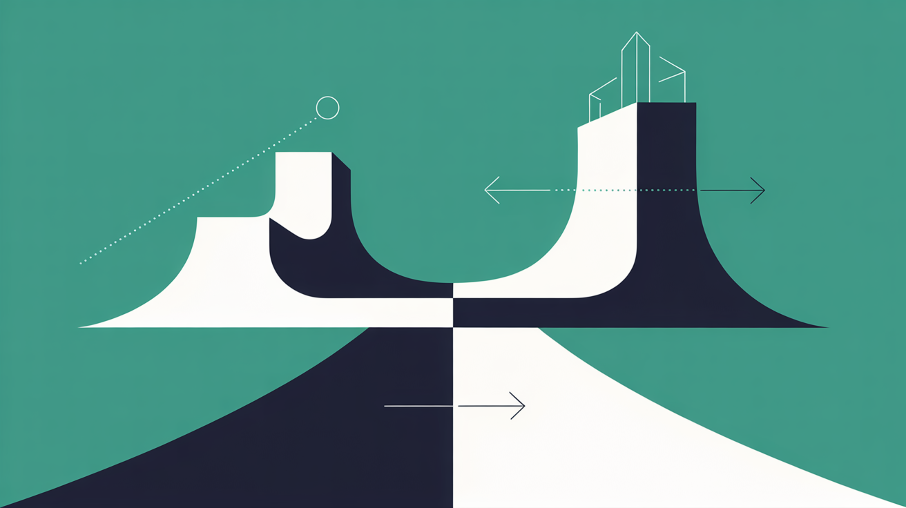 Abstract flat illustration of two diverging pathways, one growing costlier over time, rendered in teal and navy shapes on warm stone grey background
