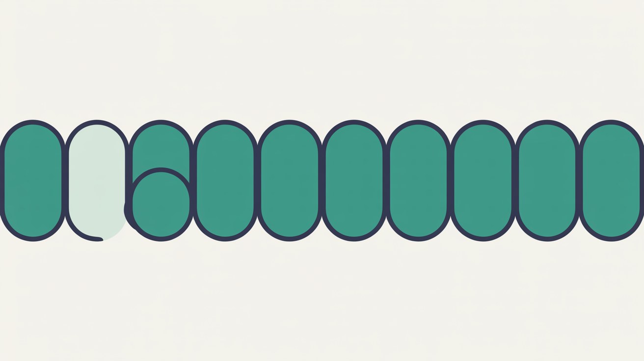 Flat illustration of a row of evenly spaced rounded shapes with one shape faded and out of alignment