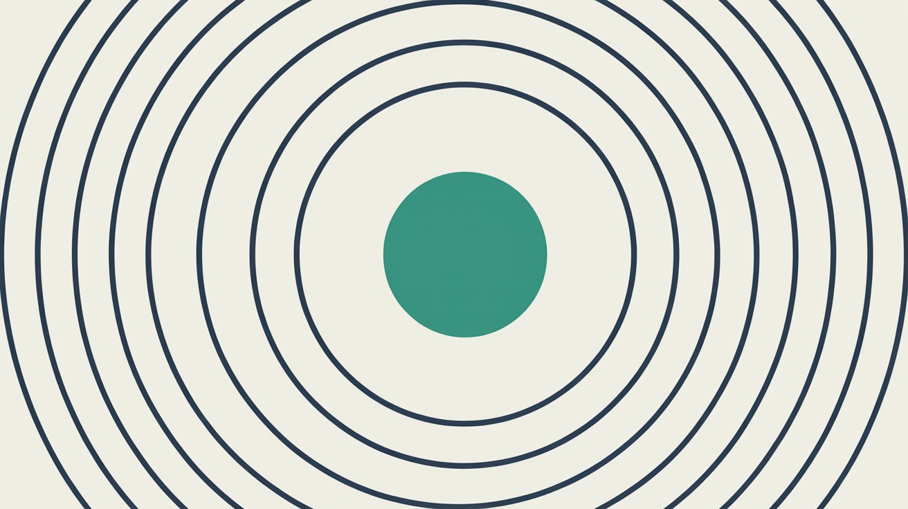 Flat illustration of evenly spaced concentric arcs radiating outward from a single small teal circle on a warm grey background