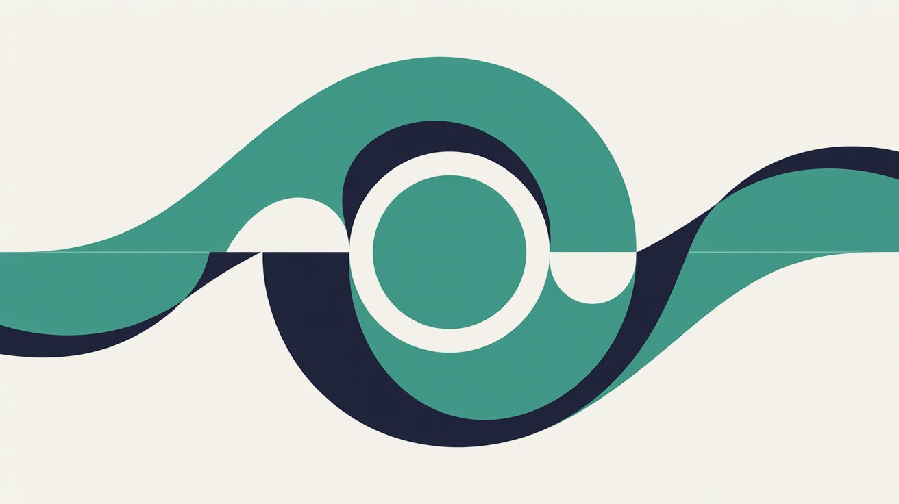 Flat illustration of a continuous teal and navy wave looping around a single solid circle on a warm off-white background