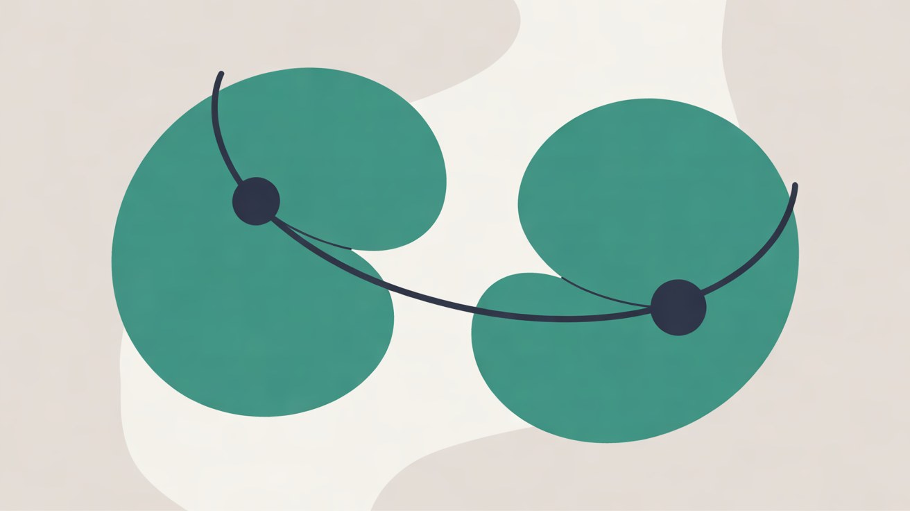 Flat illustration of two teal circles joined by a curved navy line with a dot on each end, on a warm grey background